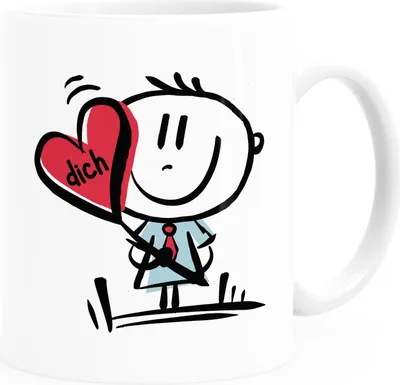Produktbild von Kaffee-Tasse Herz Liebe Dich Strichmännchen Liebeserklärung Geschenk Valentinstag Jahrestag Hochzeitstag Moonworks® Uni-Weiß Keramik-Tasse