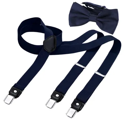 Produktbild von DonDon Herren Y-förmiger schmaler 2,5 cm Hosenträger elastisch und verstellbar im 2er Set mit farblich passender Fliege 12 x 6 cm - Dunkelblau