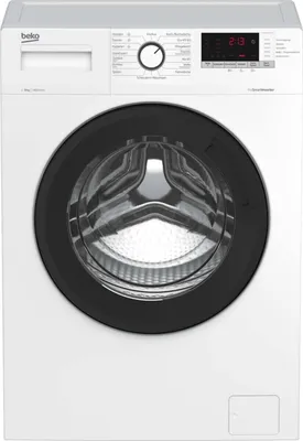 A front view of a white Beko washing machine.