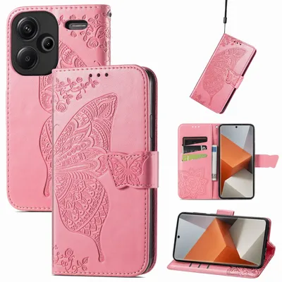 Produktbild von Für Xiaomi Redmi Note 13 Pro Plus Kunstleder Wallet Handy Tasche Schmetterling Design Schutz Hülle Pink