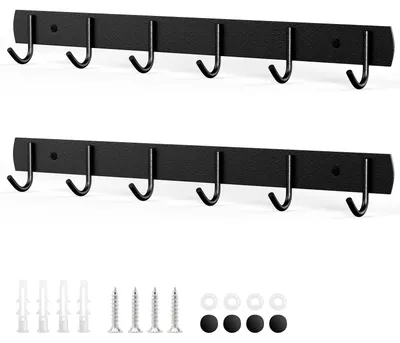 Image de Ensemble de porte-manteaux mural 2 pièces avec 6 crochets, porte-manteaux mural en acier inoxydable de 32 cm, barre à crochets pour chambre, salle de bains, cuisine (noir)