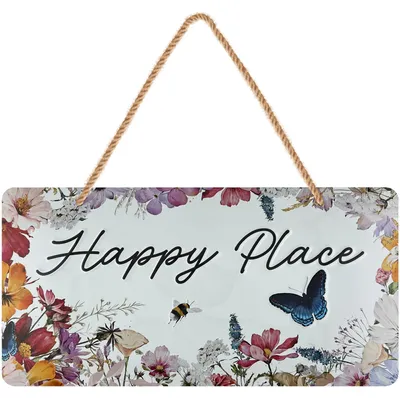 Produktbild von LANOLU Happy Place Schild Retro Blechschild Gartenschild Metall mit Jutelkordel für Lieblingsplatz, 16x32 cm