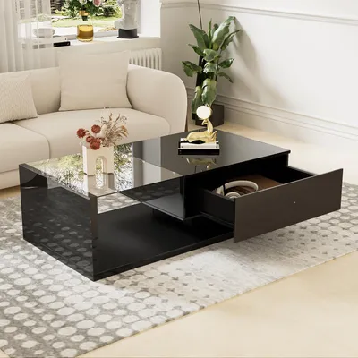Produktbild von STILVORA Couchtische Hochglanz Satztisch mit LED-Licht, Kaffeetisch mit Schubladen & Glas, couch tisch, Schwarz