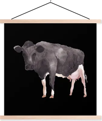 Produktbild von MuchoWow® Textilposter Kuh - Schwarz - Weiß 120x120 cm mit holzfarbenen Rahmen - Textil-Poster