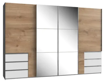 Produktbild von Schwebetürenschrank Level 350x65x236cm Kleiderschrank weiß plankeneiche Synchronöffnung (18947)
