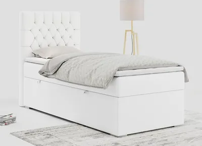 Produktbild von Einzelbett - Boxspringbett 90x200 mit Bettkasten und Matratzentopper - PERA 90 - links - Weiß - H3