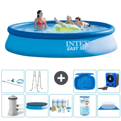 Produktbild von Intex runder aufblasbarer Easy Set-Schwimmpool – 396 x 84 cm – Blau – inklusive Pumpe Abdeckung - Wartungspaket - Filter - Bodenplane - Reinigungskit - Leiter