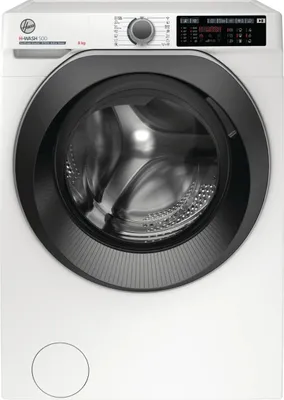 Front view of a white washing machine with a black drum surround.