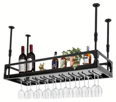 Immagine prodotto di Portabottiglie - Portaflaconi - Portabicchieri - Scaffale a parete - Portaoggetti da appendere - Metallo nero in stile industriale - Per 27 bicchieri da vino