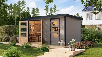 Produktbild von Karibu Gartenhaus Hybridhaus Metall Merkur wassergrau 400,5x213,5x209 cm