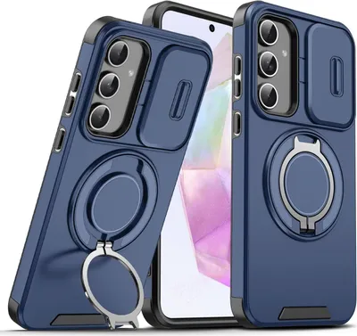 Immagine prodotto di Custodia a doppio strato per Samsung Galaxy A56 / A36, con copertura scorrevole della fotocamera e supporto magnetico ad anello Blu