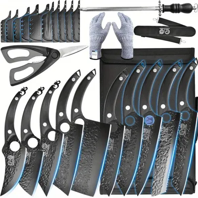 Produktbild von Kochmesser-Set – Küchenmesser-Set – 10-teilig – aus Kohlenstoffstahl – mit Messerschärfer