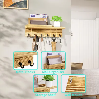 Produktbild von Wandgemonteertes Holz-Schlüsselregal mit Stauraum und 6 Haken für Flur und Büro