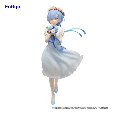 A figurine of a character from Re:Zero Starting Life in Another World, holding a bouquet of flowers and wearing a floral crown and a light blue dress.