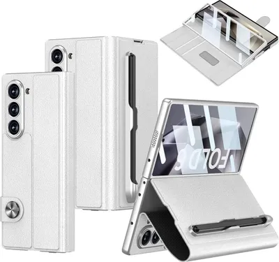 Image de Etui pour Samsung Galaxy Z Fold 6 Housse en cuir avec protection d'écran, support, pochette pour cartes, fermeture magnétique et porte-stylo Argent