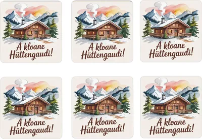 Produktbild von A kloane Hüttengaudi 6er Set Untersetzer aus Holz mit Berghütte