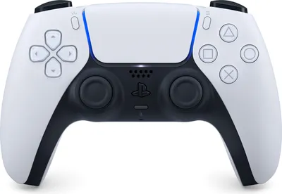 A white and black Sony DualSense wireless controller is shown against a white background.