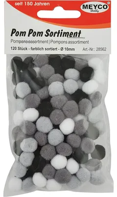 Zdjęcie produktu dla Meyco Pom Pom czarny, biały i szary, 120 sztuk w rozmiarze 10 mm