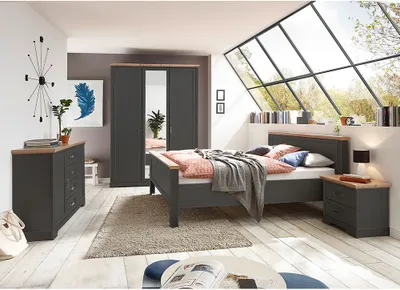 Produktbild von Schlafzimmer Set 4-teilig Bett 160x200cm Graphit mit Eiche JÜLICH-77