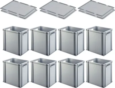 Produktbild von SuperSparSet 4x Eurobehälter mit offenem Griff & Auflagedeckel | HxBxT 40x30x40cm | 37 Liter | Grau | Eurobox, Transportbox, Transportbehälter, Stapelbehälter