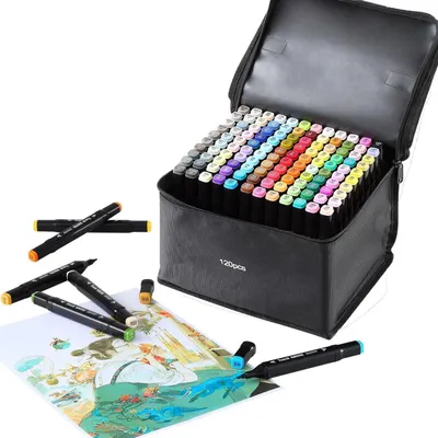 Produktbild von Alkoholmarker 120 Farben, Doppelseitige Stifte mit Fein- und Breitspitze, Alkoholbasierte Sketch Marker mit Tragetasche