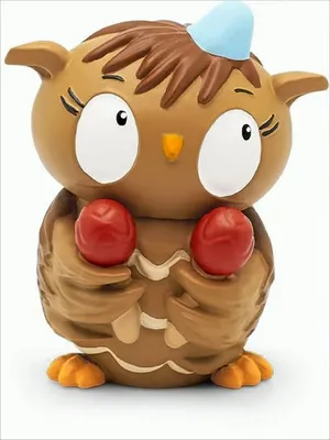 A toy owl figurine with red balls in its hands and a blue party hat on its head, presented on a white background.