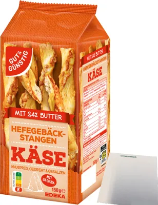 Produktbild von Gut & Günstig Gebäckstangen mit Käse aus Hefeteig gedreht (150g Packung) + usy Block