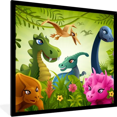 Produktbild von MuchoWow® Gerahmtes Poster Dinosaurier - Tiere - Dschungel - Illustration - Baby - Jungen - Mädchen - Kinder 40x40 cm - Poster mit Schwarzem Bilderrahmen Wandposter Rahmen Foto Bilder - Mit Rahmen - Wanddekoration Schlafzimmer