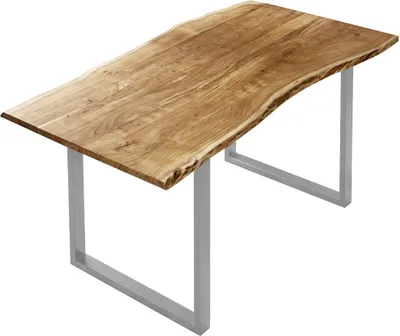 Produktbild von Esstisch Baumkante massiv Akazie naturfarben 140 x 75 cm silber U-Gestell BILLY