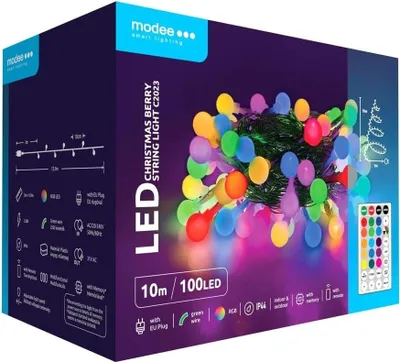 Obrázok produktu pre Modee Lighting LED vianočná reťaz 100 LED 10m multicolor bobule + diaľkové