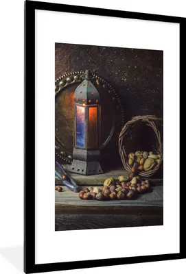 Produktbild von MuchoWow® Gerahmtes Poster Buch - Stilleben - Walnuss - Laterne - Vintage 60x90 cm - Poster mit Schwarzem Bilderrahmen Wandposter Rahmen Foto Bilder - Dekoration - Wandposter Wohnzimmer - Hochwertig