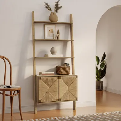 Produktbild von Leiterregal Holz mit 2 Türen und Rattan-Geflecht, B 35 x T 40 x H 180 cm, Vintage-Naturstil