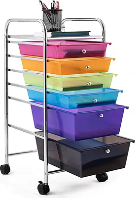 Produktbild von Rollwagen mit 6 Schubladen, Grosser Stauraum, Mobiles Schubladenregal, Haushaltswagen, Badtrolley, Rollcontainer mit Metallgestell, Rollschrank, 32,5 x 37 x 74,5 cm (Mehrfarbig)