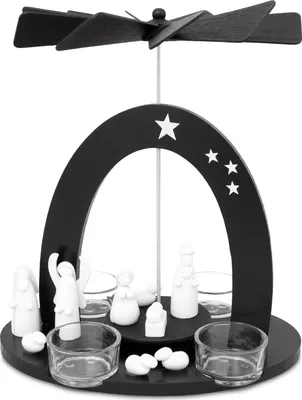 Image de BRUBAKER Pyramide de Noël 22 cm - Marie, Joseph et Jésus - Pyramide de bougies chauffe-plat avec 4 porte-bougies chauffe-plat en verre - Noir Blanc - peint à la main