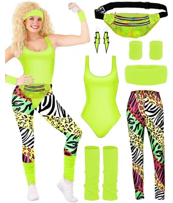 Produktbild von 80er Jahre Damen Outfit Set Retro Trainingsanzug Kostüm mit Accessoires Fluoreszierendes Grün XL