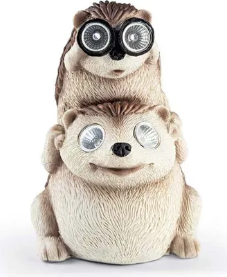 A stacked solar-powered garden decoration featuring two hedgehogs with large, round lights for eyes.