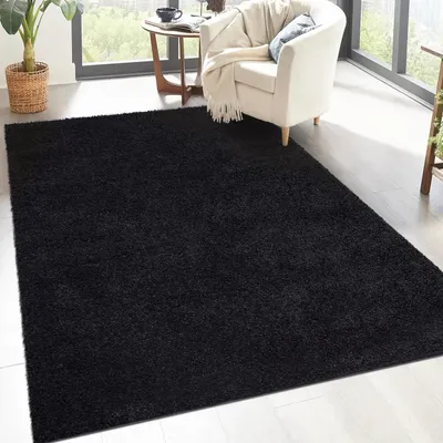 Produktbild von Shaggy Hochflor Teppich Wohnzimmer - 230x320 cm - Schwarz - Einfarbige Schlafzimmer-Teppiche