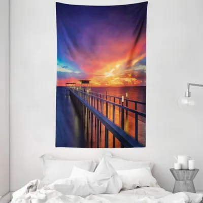 Produktbild von ABAKUHAUS Landschaft Wandteppich und Tagesdecke, Hölzerne Brücke über Meer aus Weiches Mikrofaser Stoff Waschbar ohne Verblassen Digitaldruck, 140 x 230 cm, Orange Navy