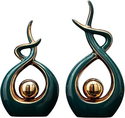 Produktbild von Keramikskulptur - Dekoratives Objekt - Dekoration - Abstrakte Flammenlinien - 2 Stück - Grün und Gold