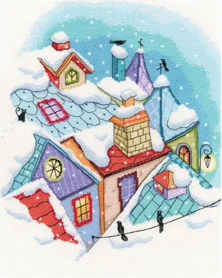 Image de Kit broderie point de croix RTO « L’hiver sur les toits », grille de comptage, Aïda 16, 27,5x33,5cm