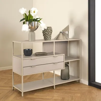 Productafbeelding van Boekenkast Varven Melamine Grijs Met Lades 114cm - Giga Living