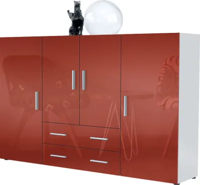 Produktbild von Vladon Highboard Nora Anrichte mit 2 Schubladen und 4 Türen mit insgesamt 8 Fächer dahinter, Weiß matt/Bordeaux Hochglanz (166,5 x 106,5 x 35 cm)