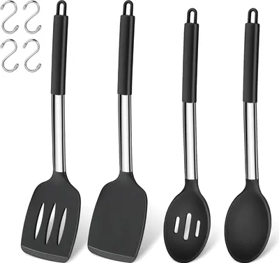 Produktbild von Küchenhelfer Set,  4 Stück Silikon Pfannenwender und Kochlöffel Set, Hitzebeständig Küchenutensilien Set mit Edelstahlgriff, Kochbesteck für Kochen/Backen/Flip, Spülmaschinenfest - Schwarz