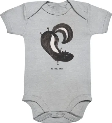 Produktbild von Mr. & Mrs. Panda Strampler Baby Stinktier Handstand 12. - 18. Monat - Heather Grey - Geschenk, Babybody, babykleidung body, Stinki, overall, Raubtier, Wildtier, kurzarm