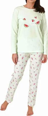 Produktbild von Süsser Damen Schlafanzug lang mit Melone als Motiv, Pyjamahose allover bedruckt ; grün , 40
