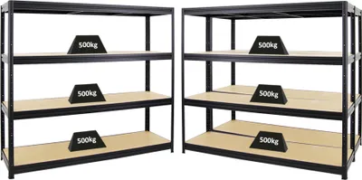 Produktbild von Mega Deal | 3x Schwerlastregal DINO | HxBxT 180x200x60cm | 4 MDF-Platten-Ebenen 6,5 mm | Fachlast 500kg | Schwarz