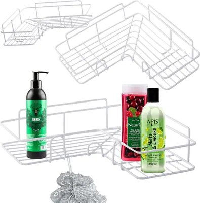 A collage of white wire bathroom shelves with various toiletries and a bath pouf.