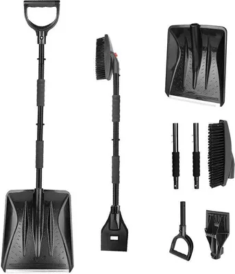 Zdjęcie produktu dla Uniqoos® Łopata do śniegu 3 w 1 z obrotową szczotką o zakresie 360°, skrobakiem do lodu i odśnieżaczem – demontowalna, oszczędzająca miejsce, stalowa rączka z antypoślizgową pianką