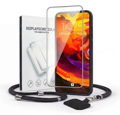 Produktbild von Handyhülle für Huawei P30 mit Handykette und 9H Displayglas Displayschutz Band Kordel Hülle Case Schutzhülle Schwarz