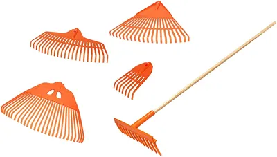 Obrázok produktu pre KOTARBAU® 5-dielna sada na hrabanie lístia – plastové hrable na jesenné lístie a trávu, vejárovité metly s drevenou násadou 150 cm, vymeniteľné nástavce